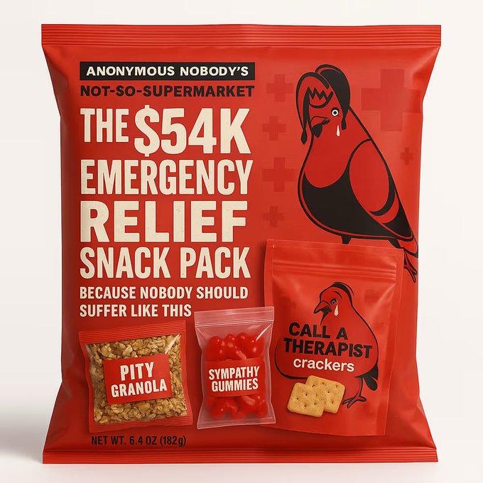 A red novelty snack package labeled 'ANONYMOUS NOBODY'S NOT-SO-SUPERMARKET' titled 'THE $54K EMERGENCY RELIEF SNACK PACK' featuring a pigeon illustration and smaller bags labeled 'PITY GRANOLA', 'SYMPATHY GUMMIES', and 'CALL A THERAPIST crackers'.
