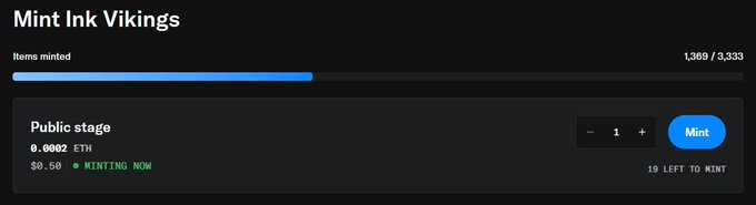 A "Mint Ink Vikings" interface shows minting progress at 1,369/3,333 items minted (out of 19 left to mint), with a mint price of 0.0002 ETH ($0.50) and a "MINTING NOW" status indicator—aligning with the post's update on the minting milestone and linking to the OpenSea collection.
