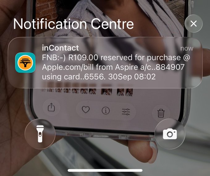 An iPhone Notification Centre displays an 'inContact' alert from FNB stating 'R109.00 reserved for purchase @ Apple.com/bill from Aspire a/c..884907 using card..6556.'