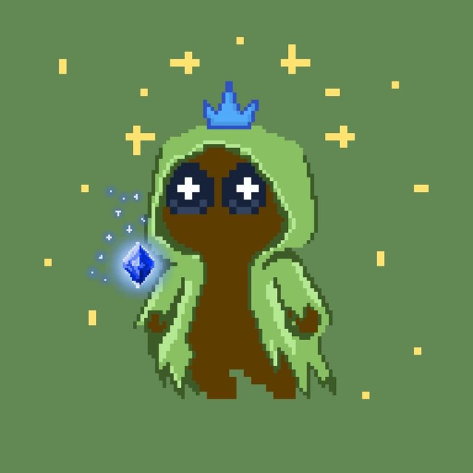 Pixel art of a character in a green cloak with a blue crown and glowing blue crystal on a dark green background.