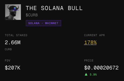 Screenshot of '$CURB' token 'The Solana Bull' showing 2.66M total staked, 17.8% APR, and a price increase of 5.9%.
