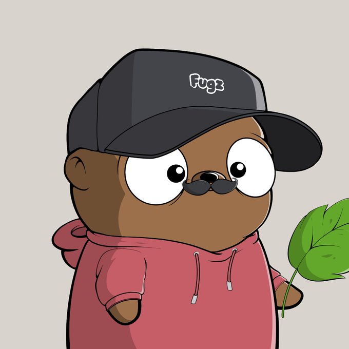A digital illustration of a cartoon character labeled 'Fugz,' depicting a brown creature wearing a black cap and pink hoodie while holding a green leaf.