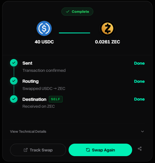 A completed crypto swap transaction showing 40 USDC successfully exchanged for 0.0261 ZEC, with all steps (Sent, Routing, Destination) marked as Done. The image relates to the post by providing the on-chain transaction receipt for acquiring the 0.02 ZEC used to mint a ZecFrog NFT.