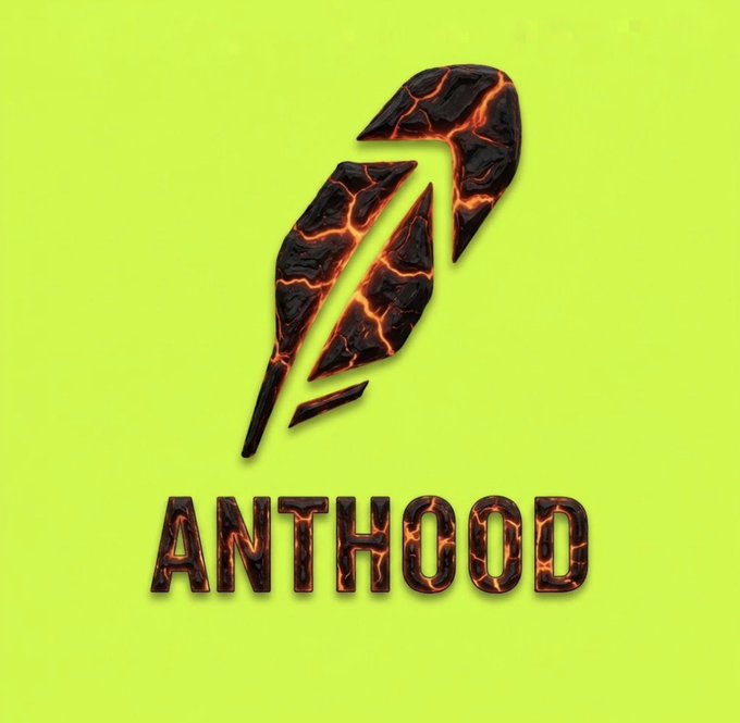 A bold logo featuring a stylized feather with cracked, lava-like textures on a vibrant yellow-green background, accompanied by the word "ANTHOOD" in matching cracked stone text. The image serves as branding for the AntHood NFT mint on Robinhood chain, aligning with the tweet's promotional giveaway of 3 whitelist spots for the free mint on GraveMint.io.