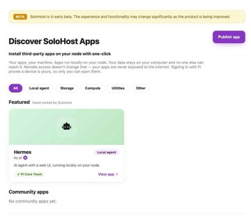 A beta banner above a "Discover SoloHost Apps" page highlights an Android app called "Hermes" by Pi Core Team, allowing users to host third-party apps on Pi Node infrastructure. The image illustrates the post's claim about Pi Network's Pi2Day 2026 SoloHost launch, which transforms 420K+ nodes into a distributed compute layer for AI and app hosting.
