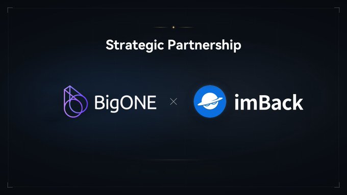 A dark graphic announcing a 'Strategic Partnership' between BigONE and imBack, showing their respective logos separated by a multiplication sign.