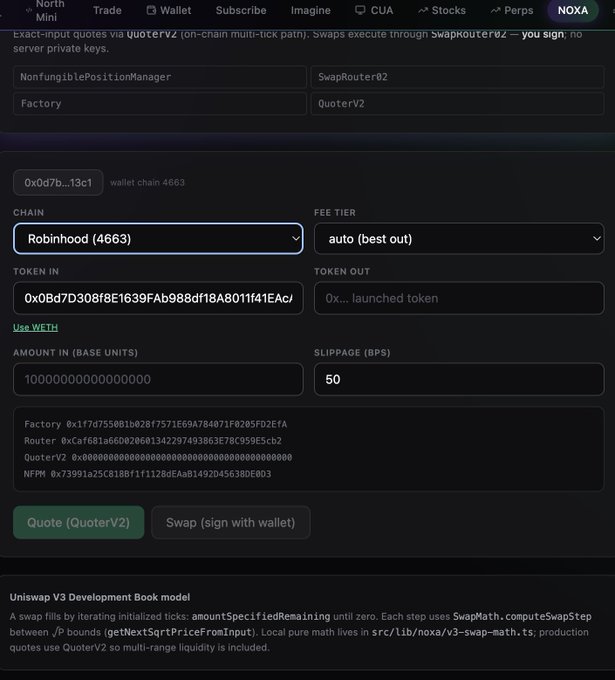 A dark-mode crypto trading interface showing a token swap configuration on 'Robinhood (4663)' chain, with fields for chain, fee tier, token in/out, amount, and slippage set to 50 bps, along with QuoterV2 swap functionality.