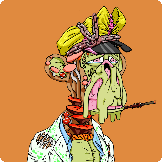 Illustrated cartoon character of a grotesque green zombie-like figure with chains and yellow packaging on its head, set against an orange background.