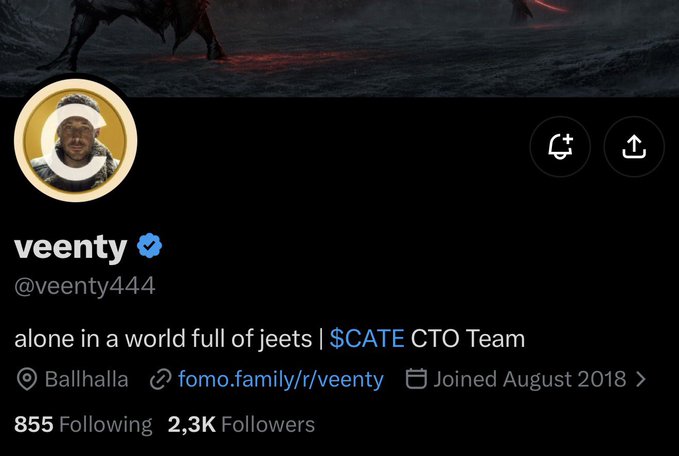 A Twitter profile for "veenty" (@veenty444) with a verified blue checkmark, displaying a dark profile picture and banner, with bio text reading "alone in a world full of jeets | $CATE CTO Team," location listed as Ballhalla, a link to fomo.family/r/veenty, joined August 2018, following 855 accounts and having 2,3K followers. The image relates to the crypto post by showcasing the profile of someone involved with "$CATE" and a $PANDA promotional call, suggesting both are crypto-related projects within the same community.