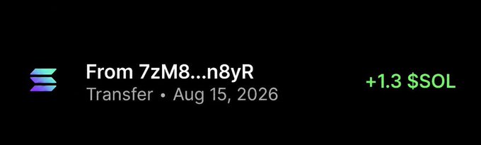 The image shows a Solana blockchain transaction notification indicating a transfer of "+1.3 $SOL" from wallet "7zM8...n8yR" on August 15, 2026, presented as visual proof of a previous airdrop or giveaway payout. It relates to the post by serving as a testimonial-style screenshot to entice users to repost, bookmark, and share their $SOL wallets in hopes of receiving a similar reward.