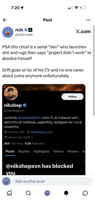 A screenshot of a post on X (formerly Twitter) by user "rb3k" (@rbthreek) criticizing someone named Nik Sheps (@nikshepsvn), calling them a serial "dev" who launches and rugs projects, noting their involvement with BC due to their CV, and showing a profile screenshot indicating the user has been blocked by @nikshepsvn. The image directly supports the accompanying post's claim about another rug pull scheme, this time targeting the RH chain.