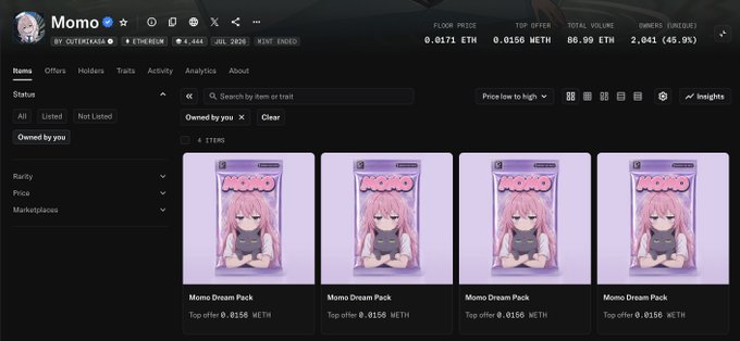 An OpenSea NFT collection page for 'Momo' by outerasakura, showing 'Momo Dream Pack' items with a floor price of 0.0171 ETH and top offers at 0.0156 ETH.