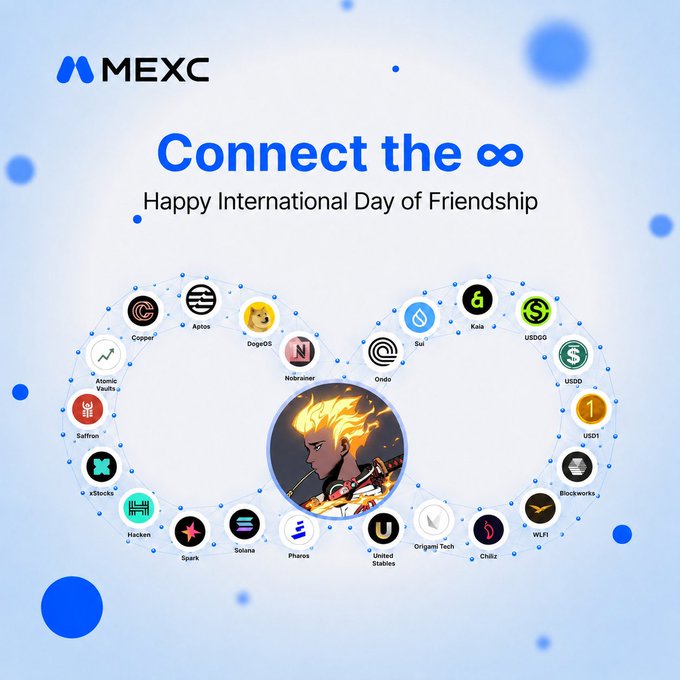 A promotional graphic for MEXC cryptocurrency exchange celebrating 'Connect the ∞ Happy International Day of Friendship', featuring a heart-shaped network of cryptocurrency logos including Bitcoin, Solana, and Ethereum around a central character.