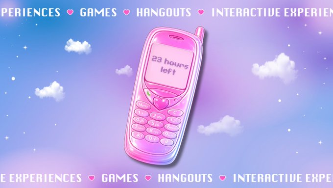 A pink translucent flip phone with a screen displaying '23 hours left' set against a pastel purple and blue sky with white clouds, bordered by text reading 'EXPERIENCES ♥ GAMES ♥ HANGOUTS ♥ INTERACTIVE EXPERIENCES'.