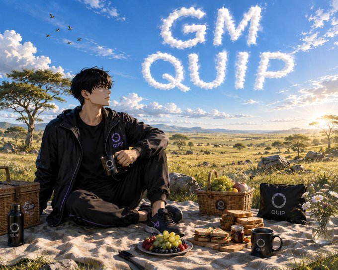 A young man in branded QUIP apparel relaxes on a picnic blanket in a sunlit savanna landscape, with "GM QUIP" written in clouds above and QUIP-branded picnic items (water bottle, tote bag, mug, fruit, and sandwiches) spread around him. The image ties into the post by personifying the "QUIP" community as the friendly "Fam" whose branding evokes the secure, forward-looking quantum-tech narrative described in the text.
