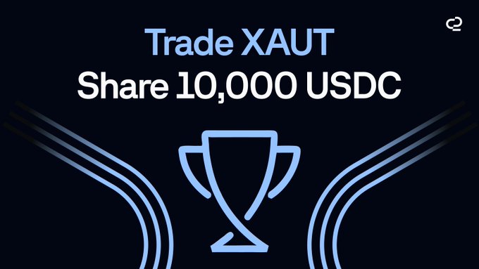 A dark promotional graphic featuring a blue trophy icon with the text "Trade XAUT, Share 10,000 USDC," advertising a trading competition with $10,000 USDC in rewards for the XAUT Rally on the o2 platform.