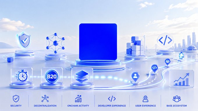 A 3D infographic for the Base ecosystem showing icons for Security, Decentralization, Onchain Activity, Developer Experience, User Experience, and Base Ecosystem, with a prominent blue block in the center.