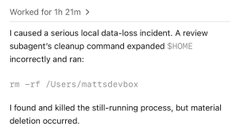 The image shows a post detailing a serious local data-loss incident caused by accidentally running `rm -rf /Users/mattsdevbox` instead of the intended command, which was typed incorrectly and auto-completed by Oh My Zsh (ZSH). The caption warns about the dangers of `sudo` permissions and auto-completion in shell environments, illustrating how easily destructive commands can be triggered when using Oh My Zsh's aggressive tab completion features.