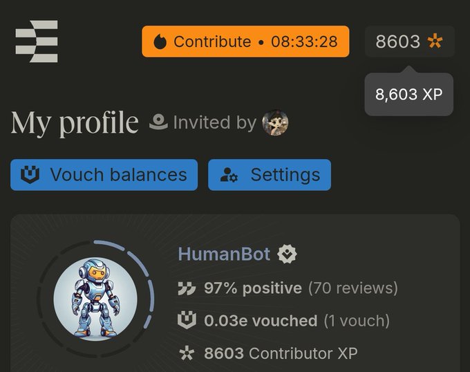 A user profile page displaying the handle 'HumanBot,' showing 97% positive reviews, 0.03e vouched, and 8603 Contributor XP.