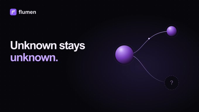 A dark promotional image for 'flumen' with the tagline 'Unknown stays unknown.' showing a network diagram with purple spheres and a question mark.