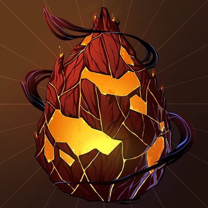A stylized illustration of a cracked, egg-shaped object resembling dark volcanic rock with glowing orange/yellow magma bursting through the fissures, wrapped by dark tendrils against a brown background.