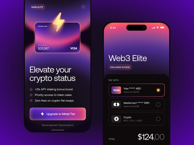 Two mobile app screens for a Web3 Elite crypto payment service showing a premium card with a $25,587 balance alongside benefits like 2% APY staking bonus, priority token sale access, and zero fees on crypto-fiat swaps, plus a checkout screen paying $124.00 with Visa, Mastercard, or Crypto (BTC, ETH, USDT).