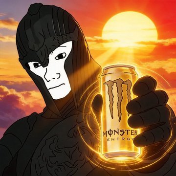 An anime-style warrior figure with a white fox-like mask stands against a blazing sunset, holding up a can of Monster Energy featuring the iconic claw logo. The image ties into the "Day 47 of cosplaying $WOJAK till 1B market cap" post by visually embodying the Wojak meme character's stoic, meme-culture energy, using the dramatic lighting and Monster Energy drink as a symbol of fueling the long-running cosplay campaign toward a billion-dollar market cap goal.