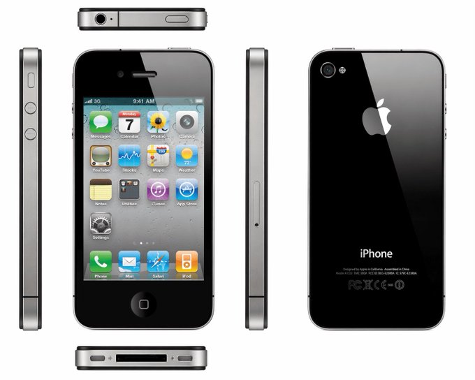 A product image displaying multiple views of a black and silver iPhone, including the home screen with classic iOS apps (Messages, Calendar, Photos, Camera, etc.) and the back showing the Apple logo and 'iPhone' branding.