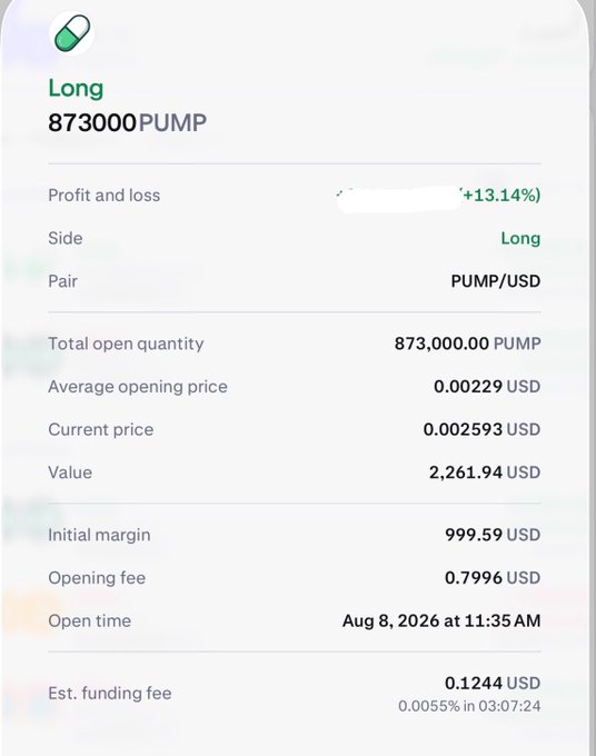 A screenshot of a long position on PUMP/USD showing 873,000 PUMP with a +13.14% profit, opened at 0.00229 USD and currently valued at 2,261.94 USD, supporting the poster's bullish outlook on $PUMP as it approaches a key resistance level.