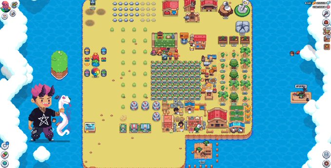 A screenshot of a colorful 2D pixel-art farming and city-building game featuring a character with pink hair on an island surrounded by water.