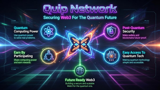 A futuristic promotional graphic for Quip Network, headlined "Securing Web3 For The Quantum Future," highlights key features: Quantum Computing Power, Post-Quantum Security, Earn By Participating, Easy Access To Quantum Tech, and Future Ready Web3, all connected through a central glowing butterfly-shaped logo. The image aligns with the post by visually reinforcing Quip Network's dual focus on rewarding compute contributors and providing post-quantum security to protect digital assets in the emerging Web3 era.