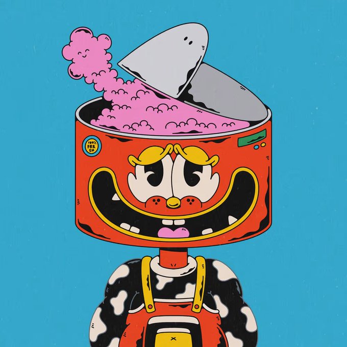 A colorful cartoon illustration of a robot character with an open head revealing pink bubblegum or smoke, wearing red overalls and a black and white cow-print shirt against a teal background.