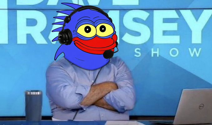The image features a cartoon fish with headphones on its head, sitting at a desk with crossed arms. The background of the image displays a blue sign that says "Dave Trussey Show" along with a logo for Bitcoin. The fish's position in front of this sign and the presence of the Bitcoin logo suggest that Dave Trussey is talking about Bitcoin or has some connection to it, possibly discussing its value or importance.