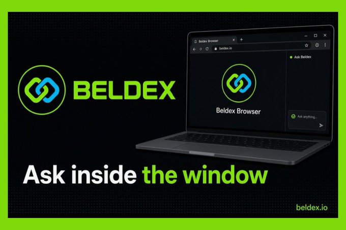 A promotional image for Beldex Browser showing a laptop displaying the browser interface with the tagline 'Ask inside the window' and the URL beldex.io.