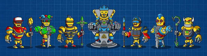 A pixel-art illustration of seven armored fantasy characters, including knights, warriors, and a wizard-like figure with a crown, standing in a row against a blue grid background.
