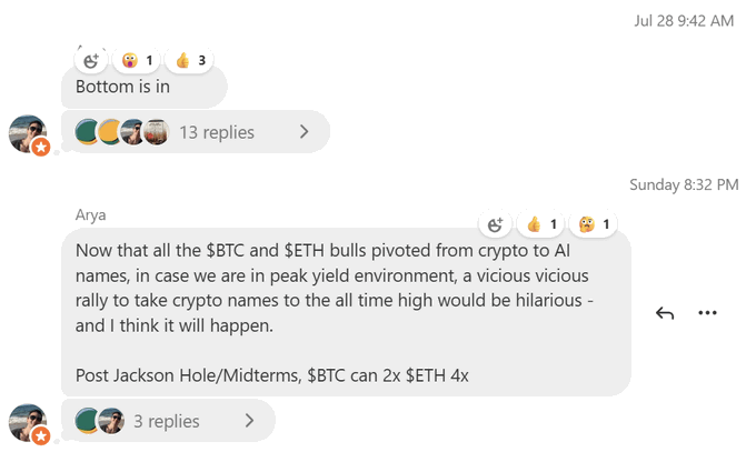 A Discord chat screenshot from July 28 where a user named Arya predicts a crypto rally after Jackson Hole/Midterms, stating '$BTC can 2x $ETH 4x' as bulls pivot from crypto to AI names.