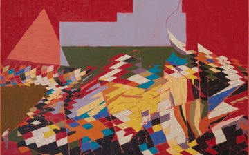 The image features an abstract painting with a red background featuring a large triangle at the center of the canvas surrounded by smaller triangles and squares, creating a sense of depth and complexity. The painting is displayed against a gray wall, which contrasts with the vibrant colors used in the artwork. The text "Ethereum artists made their presence known at Art Basel this week" suggests that the artist has gained recognition for their work, while the phrase "Art is the vessel through which we tell the human story and Ethereum is a sanctuary that protects our digital story" implies that the artist's work is not only visually appealing but also carries deeper meaning.