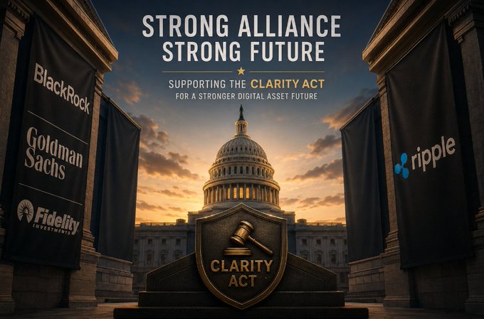 A promotional graphic titled 'STRONG ALLIANCE STRONG FUTURE' supporting the Clarity Act, featuring logos of BlackRock, Goldman Sachs, Fidelity, and Ripple alongside the US Capitol building.