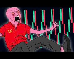 The image features a cartoon character wearing a red shirt with the word "wallet" written on it. The character appears to be in distress or pain, as indicated by their facial expression and body language. They are depicted falling over onto the ground while holding a wallet. The background of the image is black, which contrasts with the pink color of the character's shirt. There are also green lines scattered throughout the scene, adding to the overall visual effect.
