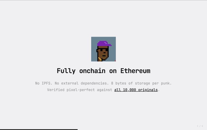 The image shows a screenshot of a website called "fully onchain on etherium" with a purple hat on the left side of the screen. The text at the top of the image reads "Fullly onchain on etherium", while the bottom part of the image displays a message about the verification process against all 10,000 CryptoPunks:".