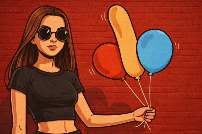 A stylized illustration of a young woman with long brown hair wearing sunglasses and a black t-shirt, holding red, yellow, and blue balloons against a red brick wall background.