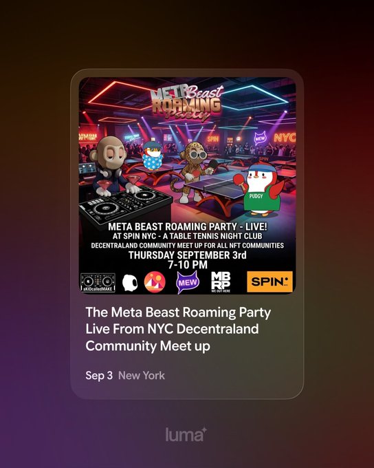 A promotional event card for the 'META BEAST ROAMING PARTY - LIVE!' at SPIN NYC, scheduled for Thursday, September 3rd, featuring cartoon avatars in a neon-lit club setting.