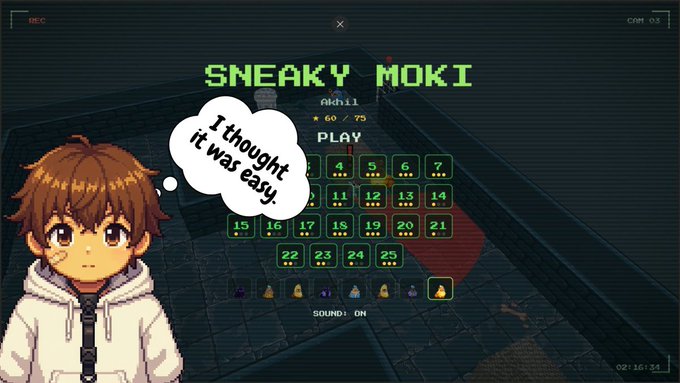 A screenshot of a game showing a character named 'SNEAKY MOKI' (Adult 60/75) with a calendar grid and a thought bubble reading 'I thought it was easy.'