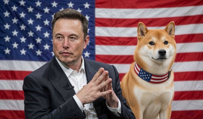 Elon Musk in a suit stands beside a Shiba Inu dog wearing an American flag bandana, with the U.S. flag displayed in the background.