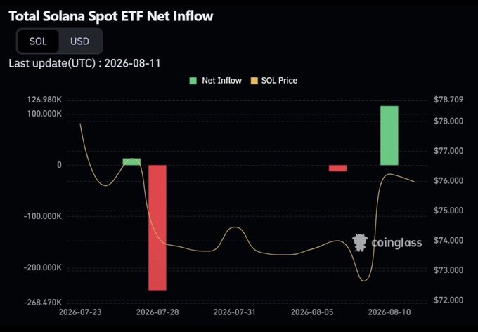 A Coinglass chart titled "Total Solana Spot ETF Net Inflow" dated 2026-08-11 shows that Solana spot ETFs recorded their largest net inflow (~$127K) on August 10, coinciding with a SOL price recovery toward ~$76, supporting the post's claim of renewed institutional interest following $SOL's rebound.

**Key numbers/text:** SOL, Net Inflow, ~$126.980K peak inflow, SOL price recovering to ~$76 from lows near ~$72, last update 2026-08-11.