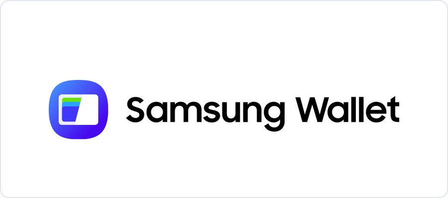 The official logo for "Samsung Wallet," featuring a blue and purple gradient app icon next to the brand name.