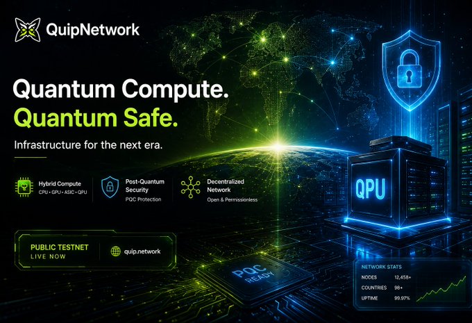 An advertisement for 'QuipNetwork' promoting 'Quantum Compute. Quantum Safe.' highlighting features like Hybrid Compute, Post-Quantum Security, and Decentralized Network.
