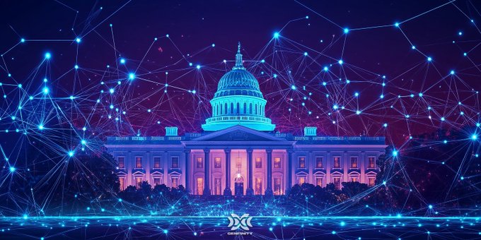 The image features a large white building with a blue dome, which appears to be the United States Capitol Building. The building is surrounded by numerous lines of blue dots, creating an abstract pattern that resembles a network or web-like structure. The text in the image reads "The crypto industry just spoke with one voice. Blockchain Association members met with 52 Senate offices yesterday to push the Clarity Act across the finish line - @Coinbase, @Ripple, @Circle, @Solana Institute represented".