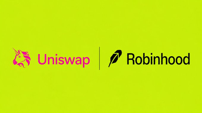 The image features the pink and green logos of Uniswap and Robinhood displayed side by side on a bright neon green background, visually representing the partnership behind Uniswap's new launchpad on Robinhood.