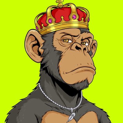 A digital illustration of a serious-looking chimpanzee wearing an ornate gold crown with red jewels and a silver chain necklace against a bright green background.